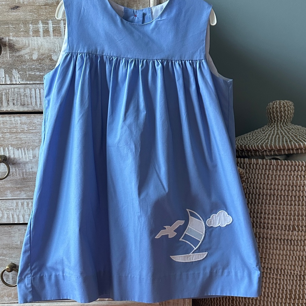 The Beaufort Bonnet Company Blue Dress with Sailboat Embroidery